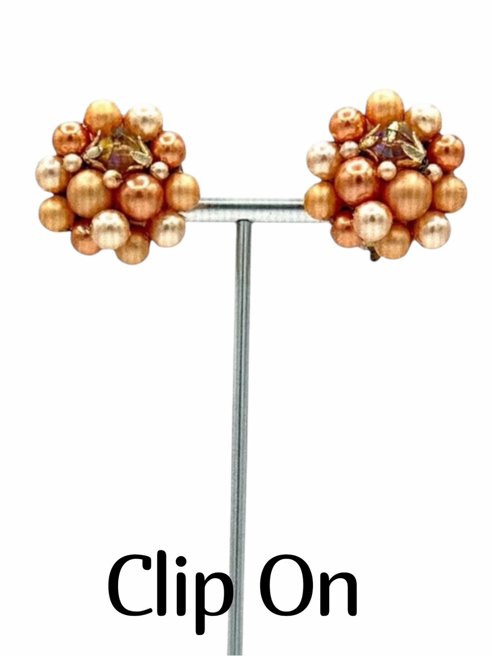 Vintage 50s-60s Hong Kong Orange Bead Cluster Gold Plated Clip On Earrings